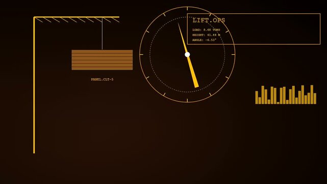 Digital interface showing mass timber panels being lifted by crane operations with real time load monitoring metrics displayed on a dark glowing circular monitor screen