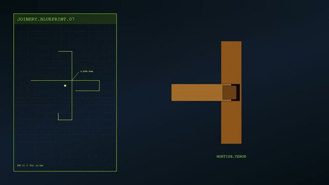 A mass timber joinery assembly animation shows wooden beams connecting within a glowing digital interface grid design on a dark screen in this instructional video sequence