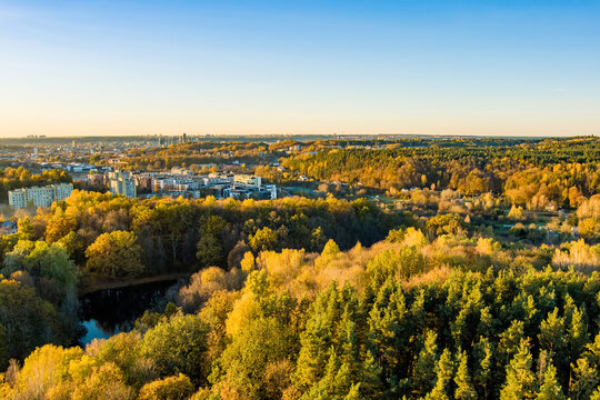 Aerial panoramic view of Vilnius, Lithuania surrounded by colorful autumn forest in warm evening sunlight. City skyline and Vilnius TV Tower are visible beyond golden fall trees.