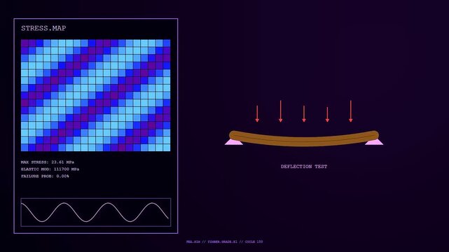 A structural mass timber beam test displays scientific data panels showing physical stress and load deflection as the wooden sample bends under a simulated pressure force