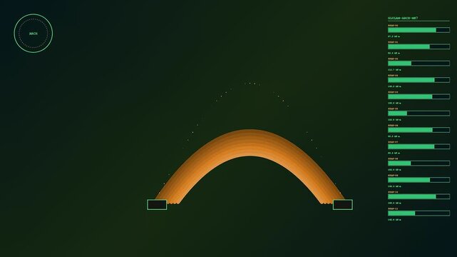 Mass timber structural arch analysis displayed on a dark digital interface screen showing oscillating curved lines and fluctuating green metric bars across three synchronized motion panels