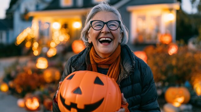 Smiling grandmother dressed as a witch for Halloween, holding a pumpkin and trick-or-treating.