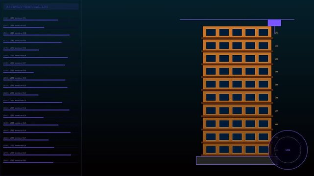 A mass timber building assembly animation displays modular block stacking steps on a digital screen with loading progress bars and technical logs for construction project monitoring