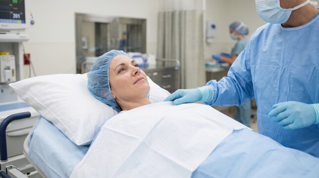 Surgeon talking to a female patient lying on a hospital bed in an operating room before plastic surgery. Professional medical care and calm preoperative preparation for procedure.