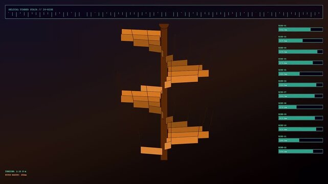 A structural mass timber staircase design process rendered in a digital interface showing the progressive assembly of wooden steps around a central vertical support column