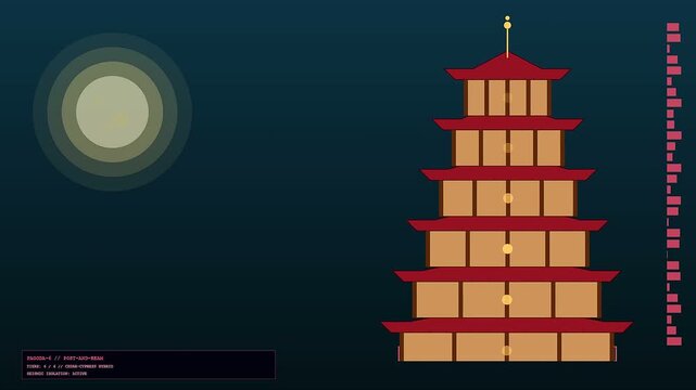 A mass timber pagoda building structure is constructed phase by phase against a dark sky with a glowing full moon visible within the digital interface