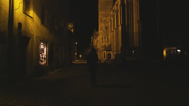 4K footage of a person walking along a quiet cobblestone street at night in Rothenburg ob der Tauber, Germany, surrounded by medieval architecture and warm street lights.