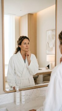Woman in bathrobe looking at herself in mirror. Patient evaluating facial skin before aesthetic procedure. Preparation for plastic surgery, skincare and dermatology clinic concept.