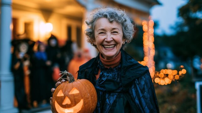 Smiling grandmother dressed as a witch for Halloween, holding a pumpkin and trick-or-treating.