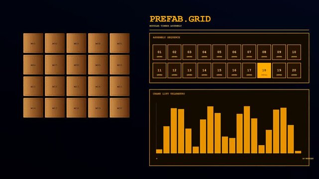 Digital displays showing mass timber construction planning with modular cube grid layouts and shifting bar charts indicating logistical project progress in a dark glowing computer interface