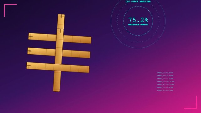 A structural cross section of mass timber components rotates inside a glowing digital interface while numerical data values fluctuate in real time across the screen display