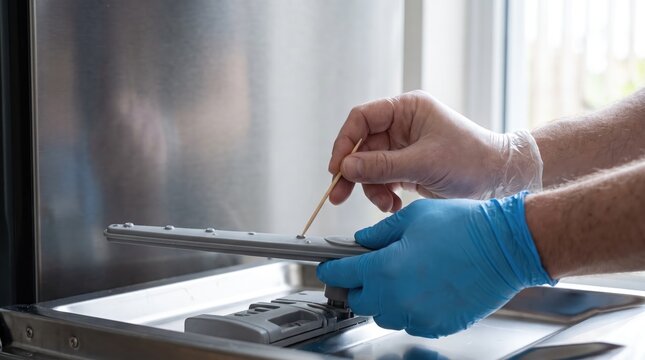 Detailed view of someone cleaning laptop keyboard with stick and gloves