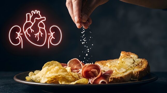Close up of hand sprinkling salt on food with heart and kidney icons representing health impact