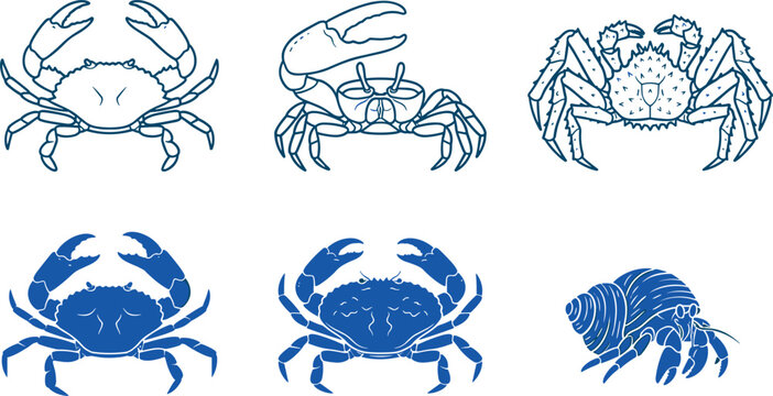 Crab and Crustacean Blue Icon Set Featuring Fiddler Crab King Crab and Hermit Shell Silhouette Logos for Seafood Restaurant Menu Graphic DesignsCrab and Crustacean Blue Icon Set 