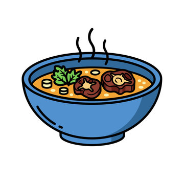 Steaming hot oxtail soup bowl with meat and garnish vector
