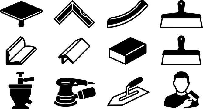 Drywall and plastering icon set in a flat silhouette style including trowel, putty knife, corner bead, level, sanding block, orbital sander and worker.