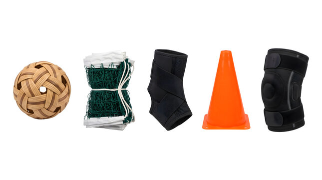 Sepak takraw equipment set with rattan ball and net. Professional sports gear including ankle brace, orange cone, and knee guard on white background.