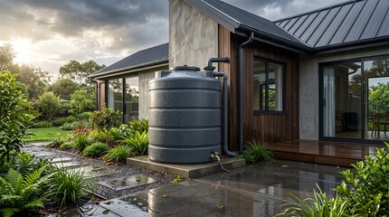 Obraz premium Gray rainwater tank stands beside a modern home after a recent rainfall
