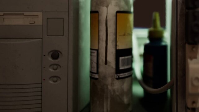 A bottle is seen placed between two kitchen appliances. It is surrounded by other items and has some condensation on its surface. The setting suggests a home kitchen.