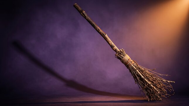 Handcrafted witch broom standing against a dark purple background