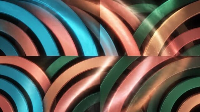 Rotating colorful metal rings forming abstract patterns in a smooth rhythmic motion video clip for modern digital background visual design