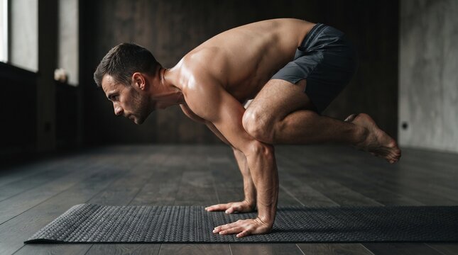 Young adult man holding a controlled yoga crow pose, captured from a low angle that emphasizes balance, strength and precise body control.