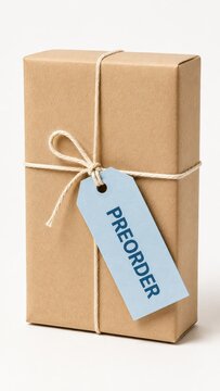 Brown cardboard package tied with twine and a blue preorder tag, isolated on a white background, suitable for product presentation or shipping concepts