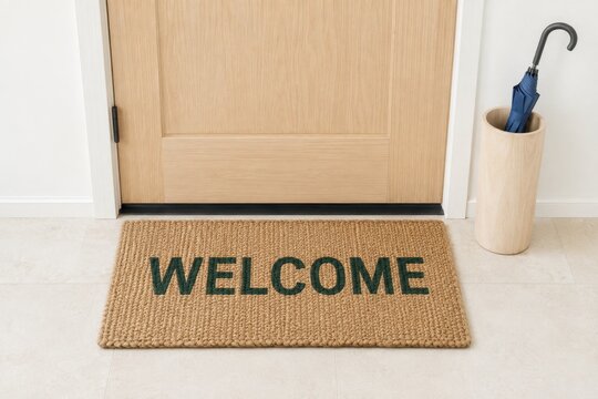 Welcome mat with green lettering placed at the entrance of a home, wooden door and umbrella stand visible in the background