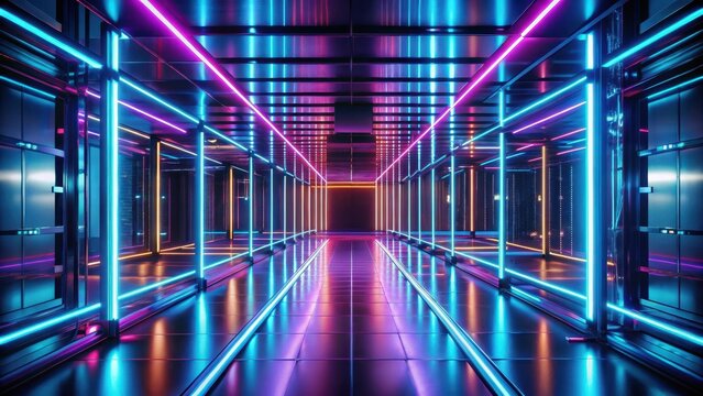 Neon corridor glowing lights dark room reflective floor product display