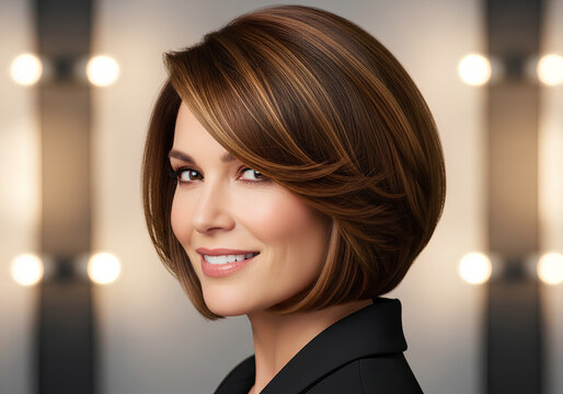 Smiling brunette woman with elegant short bob hairstyle