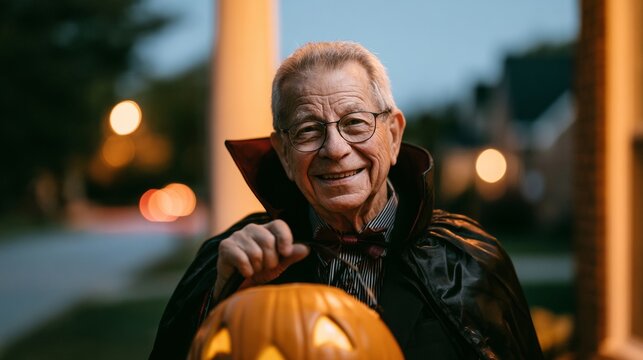 Smiling grandfather in a vampire costume holding a pumpkin for trick-or-treating on Halloween.