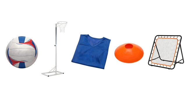 Netball sports equipment set on white background. Professional netball ball, hoop post, blue bib, orange cone, and rebounder net for team training.
