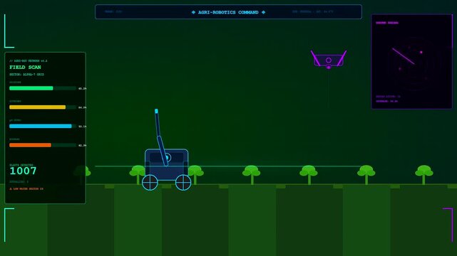 autonomous farm robotics units navigate across rural plantation rows under digital interfaces tracking crop health metrics through glowing sensors in a sleek futuristic monitoring system display