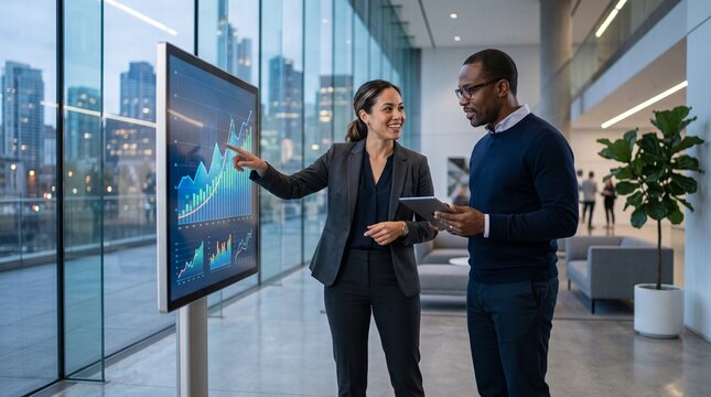 Business professionals analyzing financial data on a large digital screen in a modern office with city views