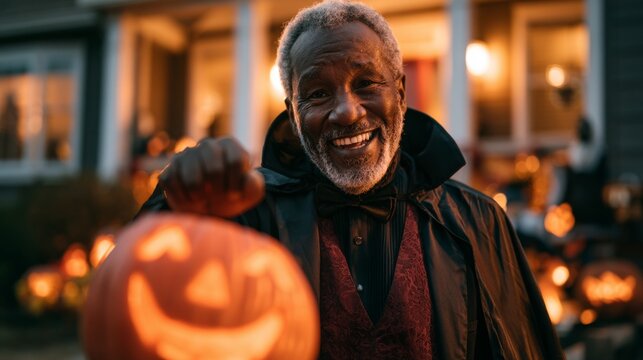 Smiling grandfather in a vampire costume holding a pumpkin for trick-or-treating on Halloween.
