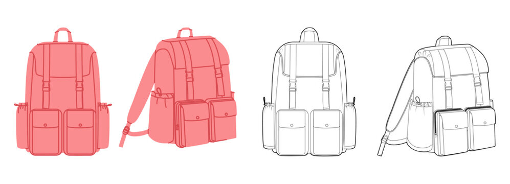 Outdoors backpack silhouette bag. Fashion accessory technical illustration. Vector schoolbag front 3-4 view for Men, women, unisex style, flat handbag CAD mockup sketch outline isolated