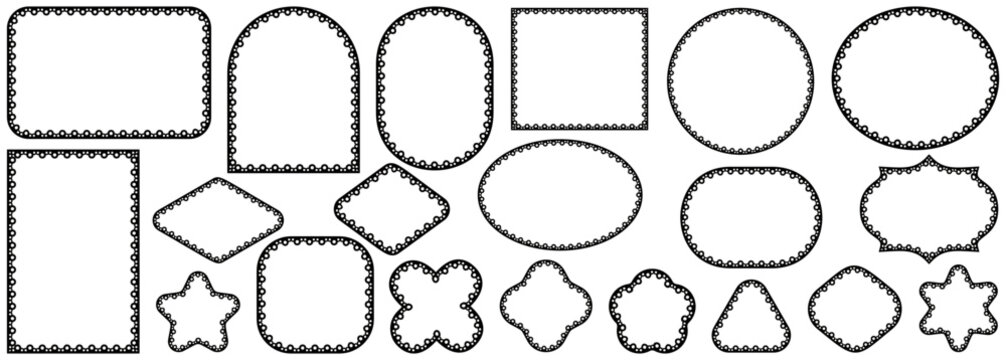 Black broderie anglaise bubble eyelet lace borders outline rectangle, circle, oval, arch, diamond plus star frames as cutwork trim isolated on white for wedding stationery or craft labels.
