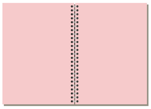 Pink A4 landscape spiral page has black center coils, blank rectangular sheet, clean surface, and gray offset shadow. Useful for personal notes, academic work, office planning, or printable stationery
