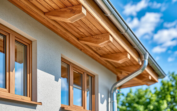 Low angle view of metal rain gutter and wooden eaves on house exterior