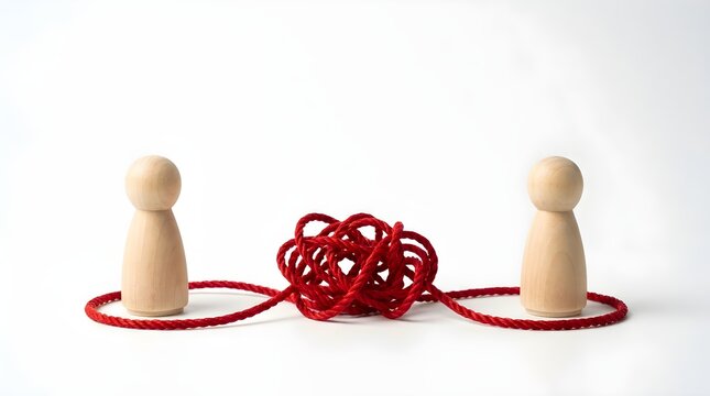 Two wooden peg dolls linked by a tangled red string depicting complex human relationships