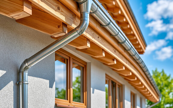 Low angle view of metal rain gutter and wooden eaves on house exterior