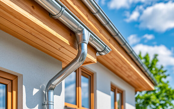 Low angle view of metal rain gutter and wooden eaves on house exterior