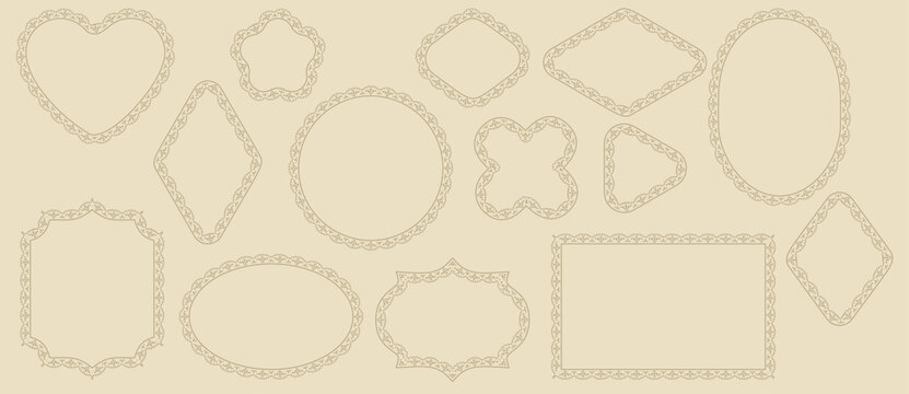 Gold petite floral scallop lace borders outline heart, circle, oval, diamond, flower plus ornate plaque frames on cream isolated as modern minimal vintage eyelet set for wedding labels, greeting card.