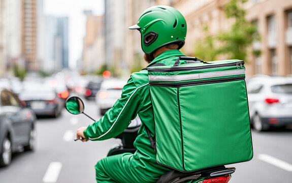 Delivery courier on motorcycle with green thermal backpack riding through city street