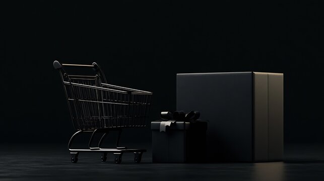 Black Friday Minimal luxury black shopping cart beside stacked matte black gift boxes on dark background with copy space