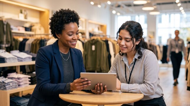 Two women in a clothing store discuss using a tablet computer for business