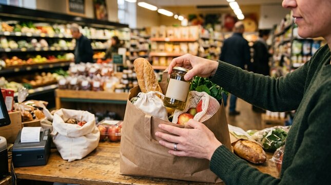 Person placing jar into grocery bag filled with fresh produce and bread at checkout counter