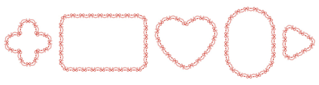 Pink bow lace frames shape heart, oval, quatrefoil, rounded rectangle plus triangle borders with pearl garland swags as coquette decorative trim isolated on blank background for valentine crafts.