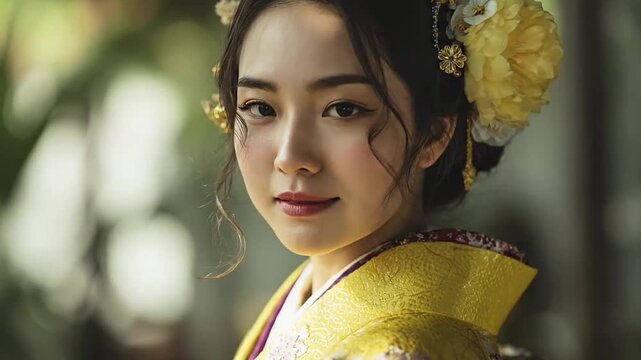 Woman wearing traditional Japanese kimono with floral hairpiece.