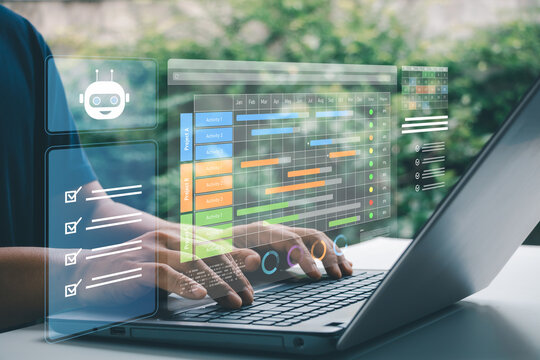 Businessman using a laptop with a digital project management dashboard, AI assistant, task checklist, calendar, and workflow tools for planning, scheduling, productivity, and team collaboration.